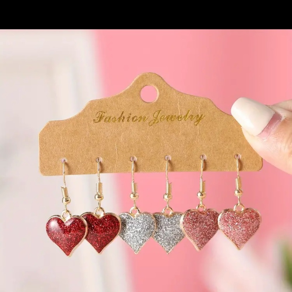 Set of three glitter enamel heart hook earrings red gray and pink for women NWT